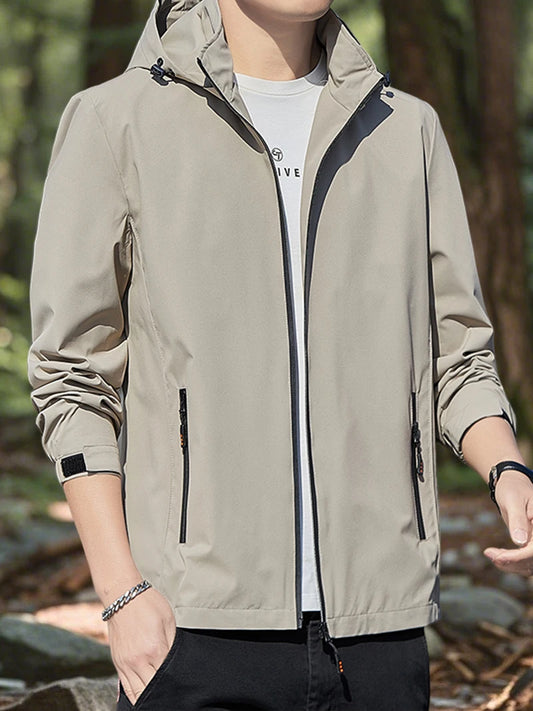 Hiking Jacket for Men Waterproof Lightweight Softshell Jacket Men with Removable Hood and Zipper Pocket Spring Camping Clothes