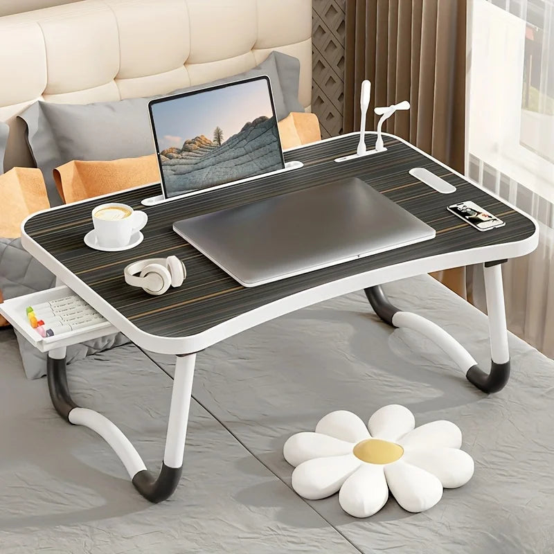 Portable Laptop Desk with USB Light, Small Fan, Cup Holder, Tablet Slot, and Lifting Handle - Foldable Laptop Table for Working,